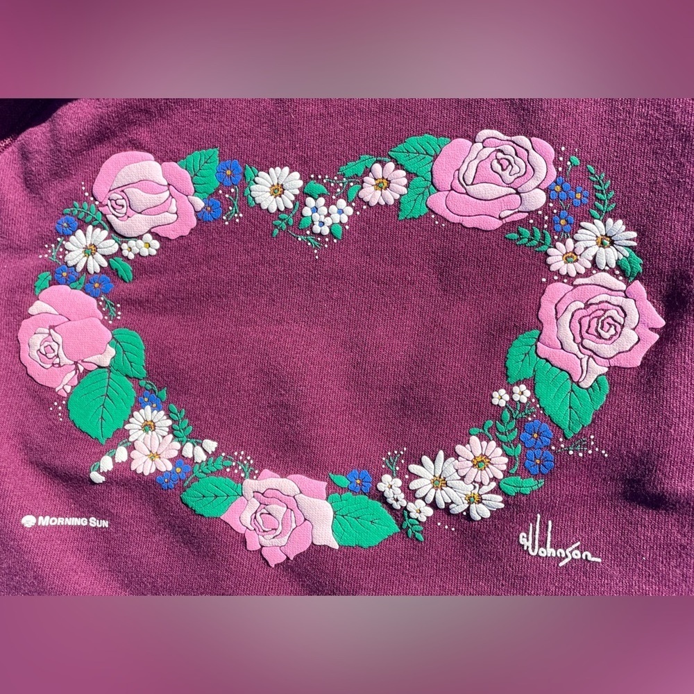 Floral Heart Morning Sun Vtg 1980s Hanes Collared Sweatshirt Women’s (L 42-44) - Picture 5 of 9